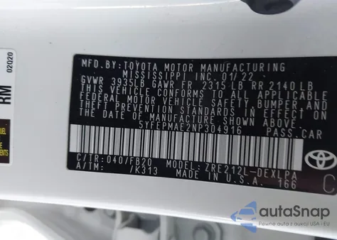 2022 Toyota Corolla Le z USA, uszkodzony, nr VIN 5YFEPMAE2NP304916